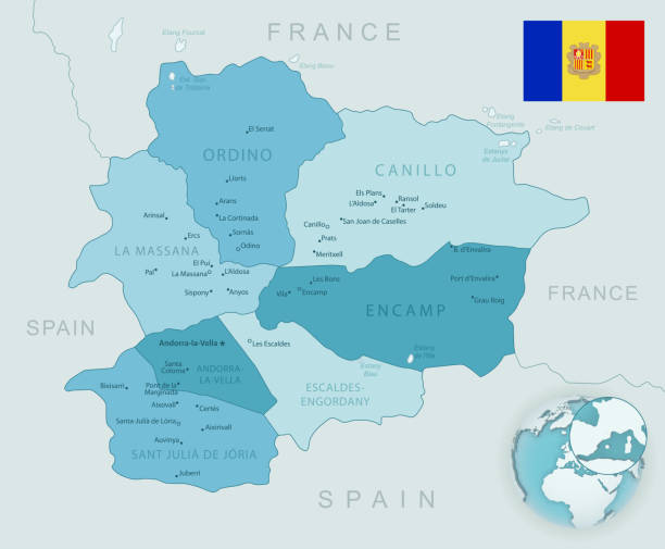 Blue-green detailed map of Andorra administrative divisions with country flag and location on the globe. Blue-green detailed map of Andorra administrative divisions with country flag and location on the globe. Vector illustration andorra map stock illustrations