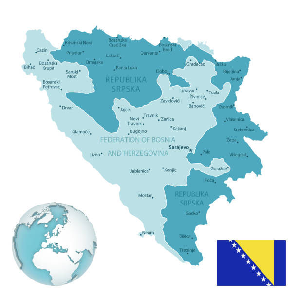 illustrazioni stock, clip art, cartoni animati e icone di tendenza di mappa amministrativa blu-verde della bosnia-erzegovina con bandiera di campagna e posizione su un globo. - bosnia herzegovinan flag