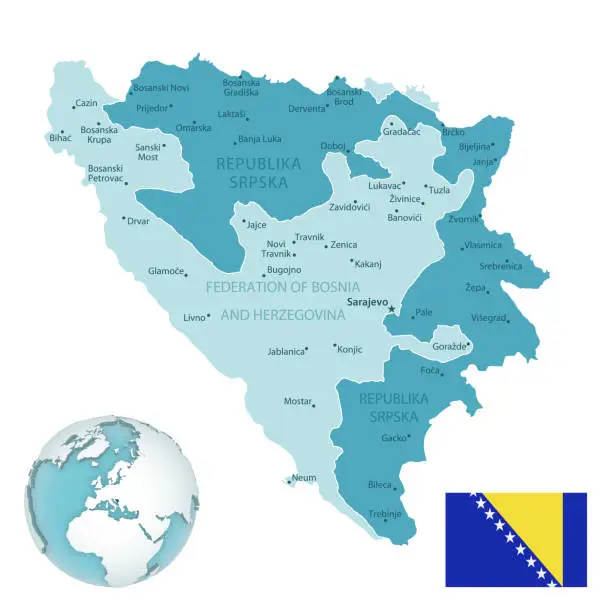 Vector illustration of Bosnia and Herzegovina administrative blue-green map with country flag and location on a globe.