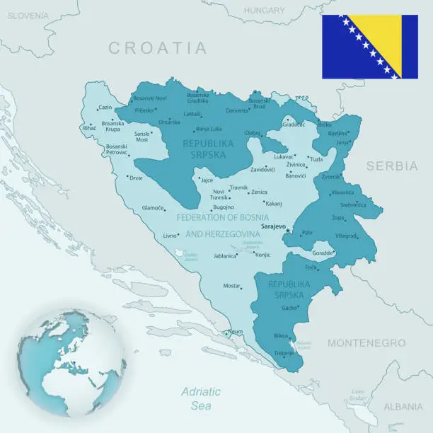 Vector illustration of Blue-green detailed map of Bosnia and Herzegovina administrative divisions with country flag and location on the globe.