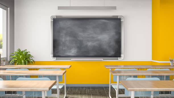 istock Empty classroom or presentation room interior with desks, chairs and chalkboard, 3d rendering 1304006853