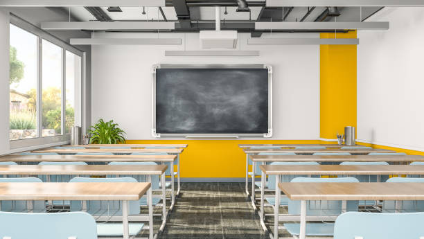 istock Empty classroom or presentation room interior with desks, chairs and chalkboard, 3d rendering 1304006895
