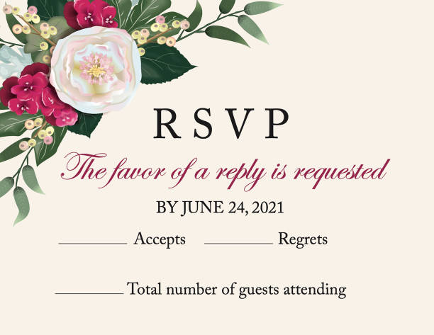 Vector RSVP card tan background with white peony flowers, leaves, pink geraniums and white berries. Vector RSVP card on vector tan background with white peony flowers, leaves, pink geraniums and white berries. rsvp stock illustrations