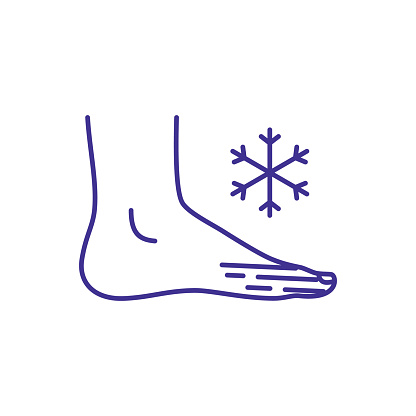 Toes frostbite RGB color icon. Skin and underlying tissues freezing. Cold exposure. Cold-injured skin. Frostbitten areas. Decreased circulation in extremities. Isolated vector illustration
