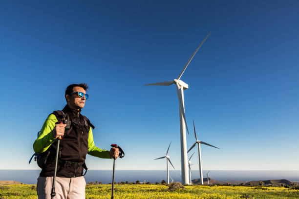 viajante em pé no campo com moinhos de vento em dia ensolarado - image alternative energy canary islands color image - fotografias e filmes do acervo