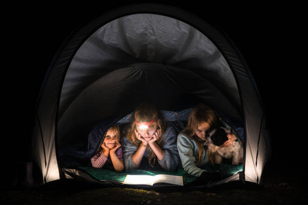 istock Children reading a book with torch at night in camping tent 1304009659