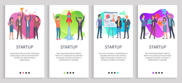ilustraciones, imágenes clip art, dibujos animados e iconos de stock de startup personas lanzando cohete, presentación - expendable