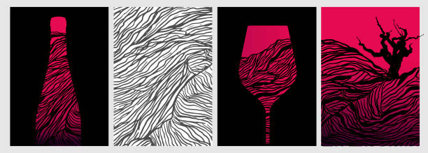 illustrations, cliparts, dessins animés et icônes de wine-flyer-background-glass-lines-trunk-bottle-red - silhouette wine retro revival wine bottle