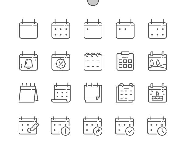 kalender. heute, morgen, vorher. markieren sie das datum, urlaub, wichtigen tag. planer-tagebuch. hinzufügen, freigeben und korrigieren des kalenders. pixel perfect vector thin line icons. einfaches minimal piktogramm - today routine business no stock-grafiken, -clipart, -cartoons und -symbole