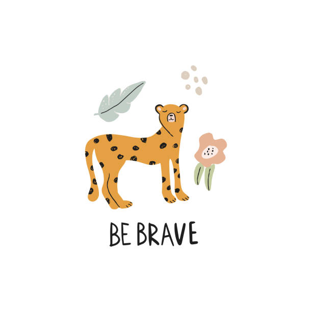 Shutterstock "Be brave" cute baby poster print for children with adorable cheetah cat in cartoon style, flowers and lettering. Hand drawn vector illustration. cute cheetah print cartoon stock illustrations