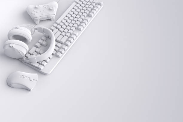 istock Top view of gamer workspace and gear like mouse, keyboard, joystick, headset 1304012182