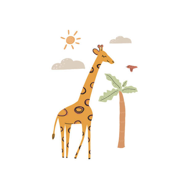 illustrations, cliparts, dessins animés et icônes de affiche mignonne de bébé pour des enfants avec la girafe adorable dans le modèle de dessin animé, le palmier, le soleil, les nuages et l’oiseau. illustration de vecteur dessinée à la main. - tree bird flower pattern