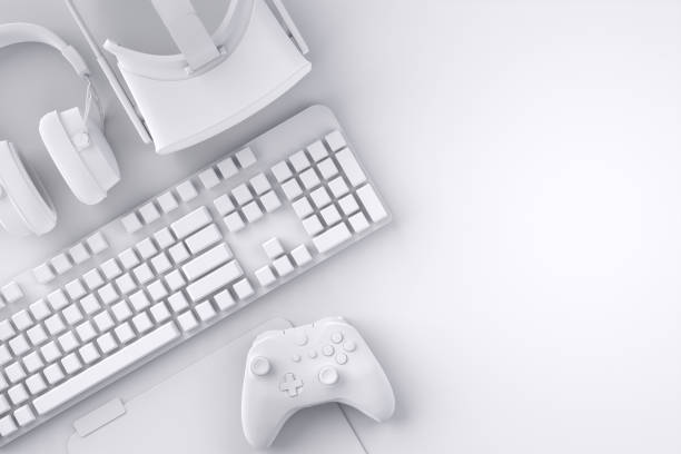 istock Top view of gamer workspace and gear like mouse, keyboard, joystick, headset, VR 1304012191