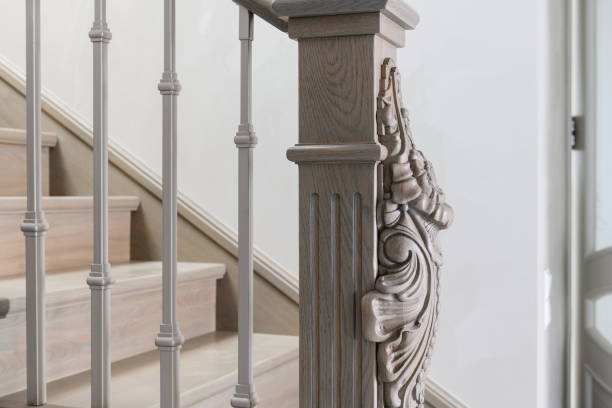 istock wood carving. element on wooden railings made by human hands 1304012599