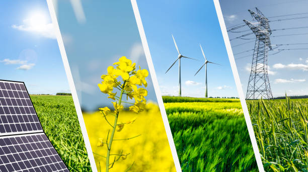 collage conceptual de energías renovables - energía sostenible fotos fotografías e imágenes de stock