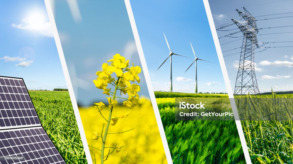 Renewable energies concept collage Renewable Energy Stock Photo