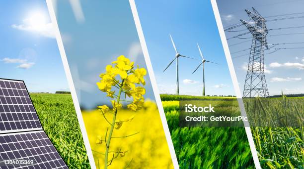Renewable Energies Concept Collage Stock Photo - Download Image Now - Renewable Energy, Fuel and Power Generation, Solar Panel