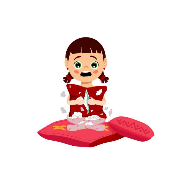 Little Girl Behavior Little girl playing with pillows. Naughty children behavior. Little kid tricks. Child plays and grows. Funny character. Vector illustration in a flat cartoon style on a white background. red cushion covers stock illustrations