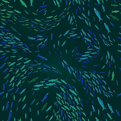 Marine life seamless pattern. Tropical fish shoal. Coral reef inhabitants. Ocean bottom nature background. Fabric graphic design in a flat cartoon style. Editable vector texture in bright colors