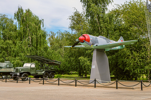 Belgorod, Russia - Jule 28, 2020: Fighter aircraft La-7 layout on postament. Permanent outdoors exhibition of military equipment on the square Museum diorama.