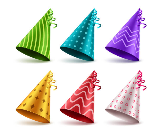 誕生日帽子ベクトルセットデザイン。パターンを持つ誕生日帽子3d現実的な要素 - party hat party birthday confetti点のイラスト素材／クリップアート素材／マンガ素材／アイコン素材