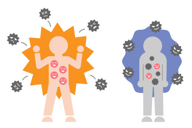 strong and weak immune system human icon illustration. Health care infection prevention concept. Boost immunity to fight and minimize risk of virus infection before after illustration. biological process stock illustrations