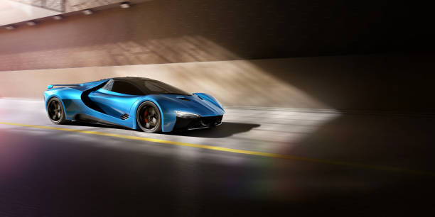 voiture bleue de sports sur le point de voyager par tunnel à la vitesse - wheel rim photos et images de collection