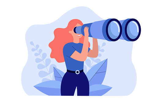 Happy woman holding huge tourists binocular and looking far ahead. Vector illustration for observation, discovery, future concept