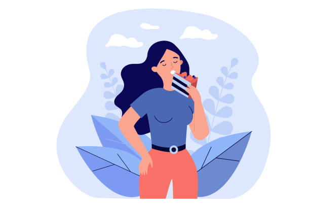 Hungry woman enjoying eating slice of chocolate cake Hungry woman enjoying eating slice of chocolate cake. Lady suffering from sweet food addiction or eating disorder. Vector illustration for gluttony, bakery, dessert concept pics of a bewitched stock illustrations
