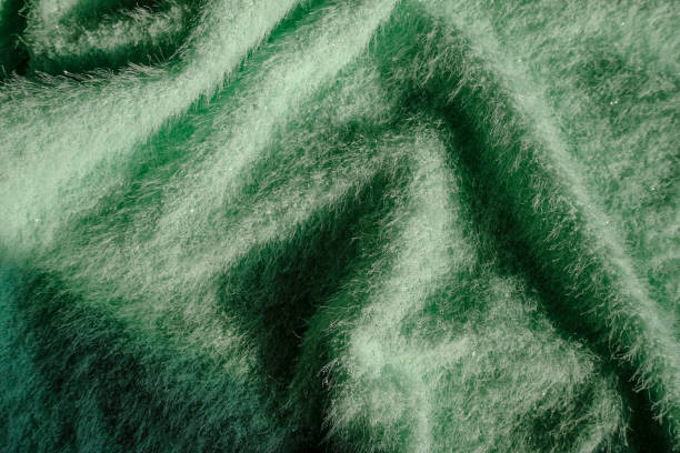 istock Green fluffy soft textile background with drapers. Top view. Copy space. fashion, style, elegance concept 1304021500