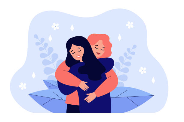 Female friend hug Female friend hug. Women embracing each other, expressing love, affection, support. Vector illustration for friendship, strong relations, support concept compassion stock illustrations