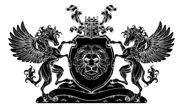 Crest Pegasus Horses Coat of Arms Lion Shield Seal A crest coat of arms family shield seal featuring Pegasus horses with wings and lions pony wings stock illustrations