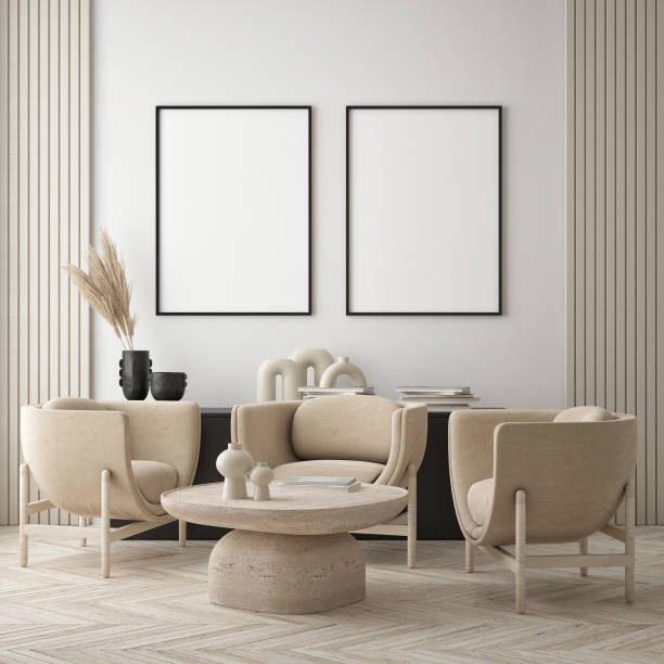 istock mock up poster frame in modern interior background, scandinavian style, 3D render 1304024935