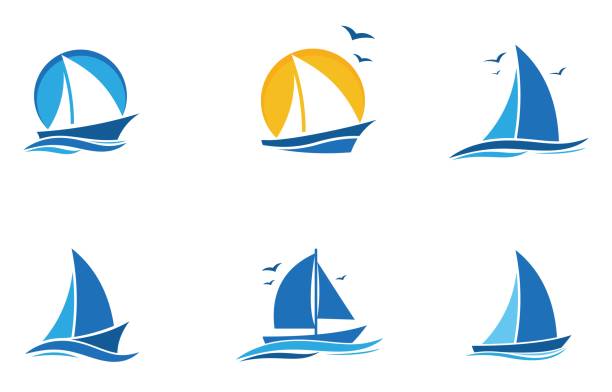illustrazioni stock, clip art, cartoni animati e icone di tendenza di set di icone barca a vela, illustrazione vettoriale - sailboat