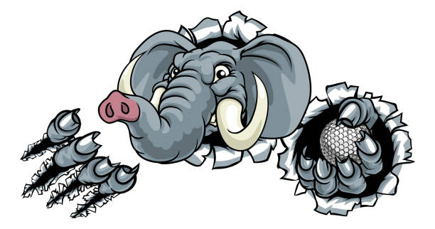 Elephant Golf Ball Sports Animal Mascot An elephant golf sports animal mascot holding a ball and breaking through the background republican elephant logo stock illustrations