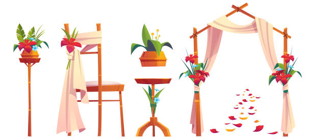 Beach wedding decoration with floral arch Beach wedding decoration with floral arch and chair isolated on white background. Vector cartoon set of objects for marriage ceremony on sea share, tropical location. Wedding gate with flowers banquet chairs stock illustrations