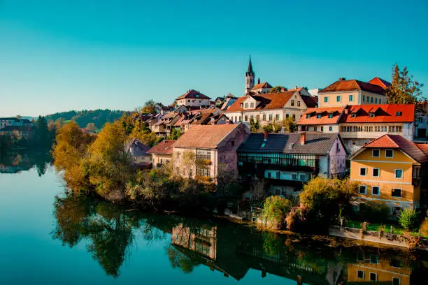 Photo of Novo mesto old town, view from the bridge over Krka river, Novo mesto, Dolenjska region, Slovenia.