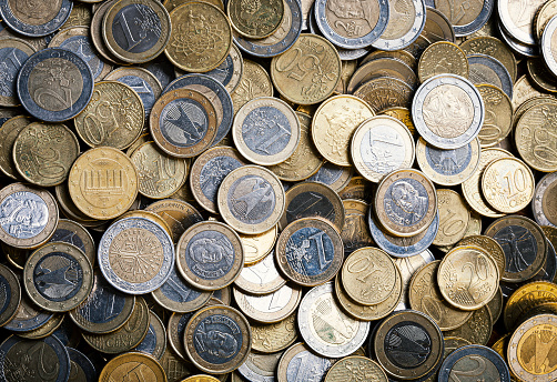 Stacks of Euro coins close up