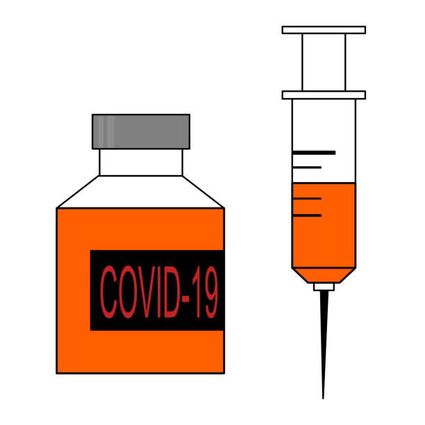szczepionka coronavirus, covid-19 butelka leku i strzykawka podskórna na białym tle, symbol, ilustracja graficzna - location shot stock illustrations