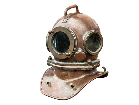 Antique diving equipment on white