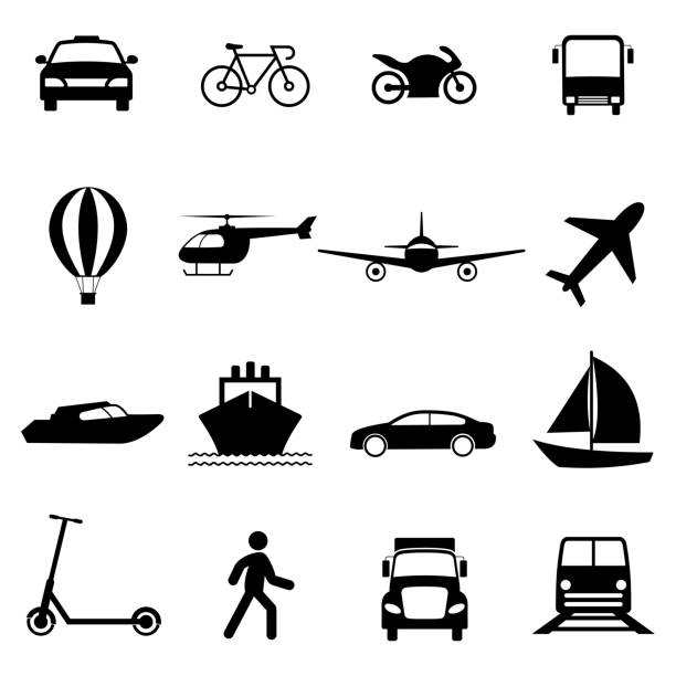ilustraciones, imágenes clip art, dibujos animados e iconos de stock de conjunto de iconos de transporte, ilustración vectorial - silhouette bus symbol motor scooter