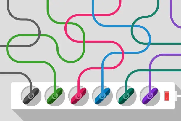 Vector illustration of Power strip and tangled colored power cords of electrical appliances