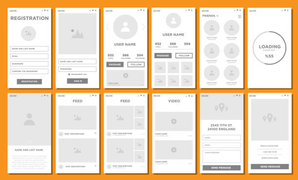 ui、ux、gui画面のセットソーシャルネットワークアプリのフラットデザインテンプレートモバイルアプリのストックイラスト - graphic interface点のイラスト素材／クリップアート素材／マンガ素材／アイコン素材