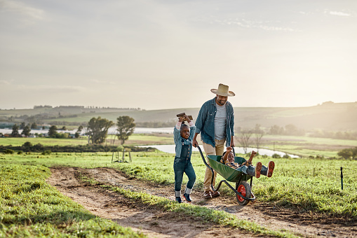 Shot of a mature man working his adorable son and daughter on a farm