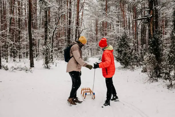 January 30, 2021 - Poland: Two teen boys, brothers, friends, standing in amazing winter fairytale forest, profile view, talking, conversing, sharing a sleigh, wearing warm jackets, hats, enjoying healthy outdoors time.