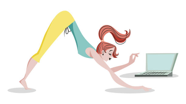 istock vector illustration - online yoga class - young lady doing yoga exercise live streaming 1304034676