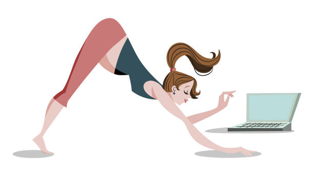 istock vector illustration - online yoga class - pregnant young lady doing prenatal yoga exercise live streaming 1304034695