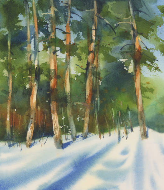 istock Winter landscape with sunny pine trees and snow in blue. Watercolor illustration 1304035809