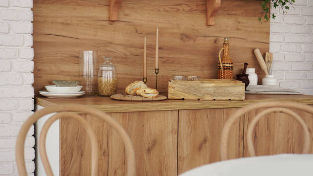 istock Wooden interior of modern kitchen. Scandinavian style, rustic style. 1304036870