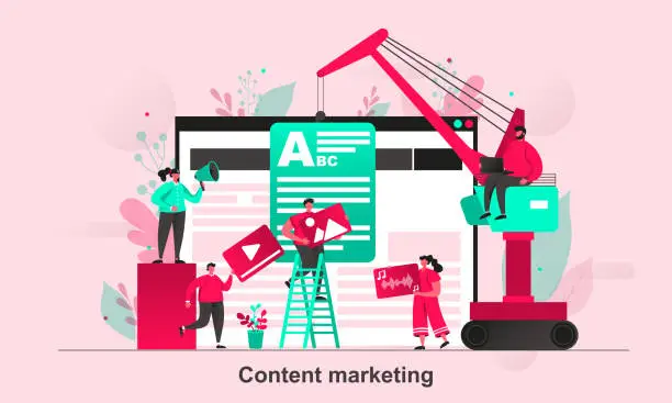 Vector illustration of Content marketing web concept in flat style. Content managers work with media information scene visualization. Copywriting and rewriting. Vector illustration with tiny people characters